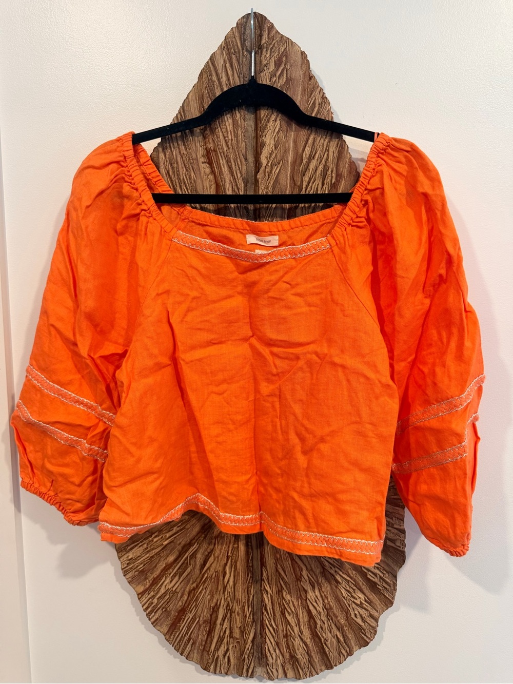 Joie Bright Orange Puff-Sleeve Peasant 100% Linen Top